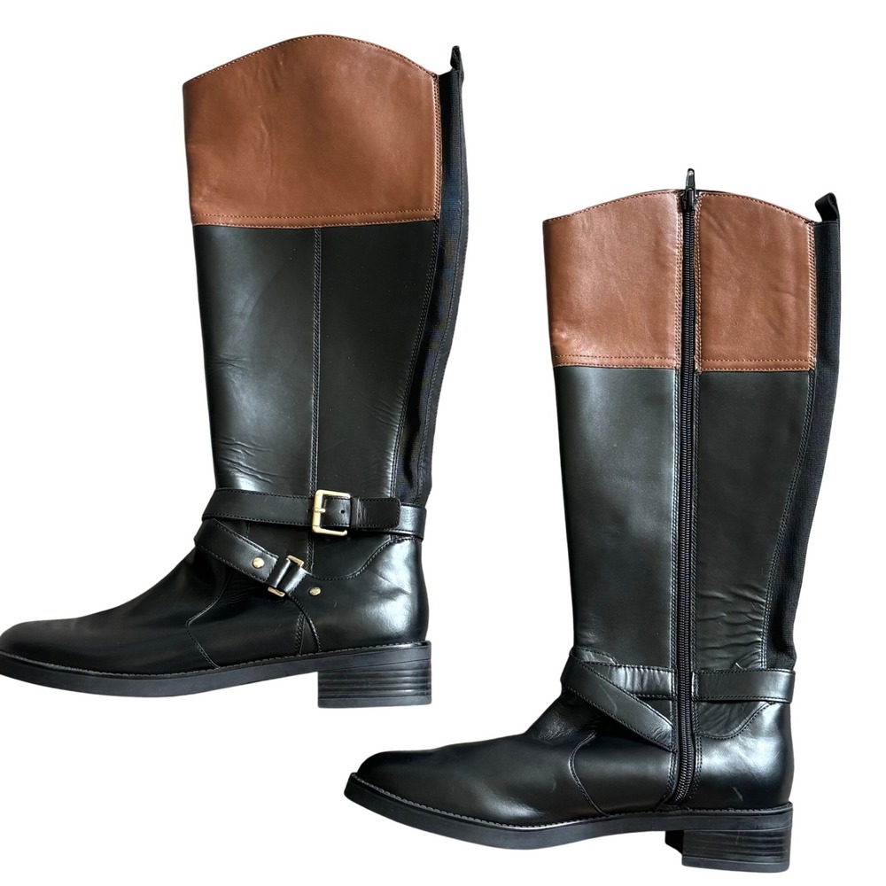 Bandolino Knee High Leather Boots Sz 10 Black Brown Equestrian